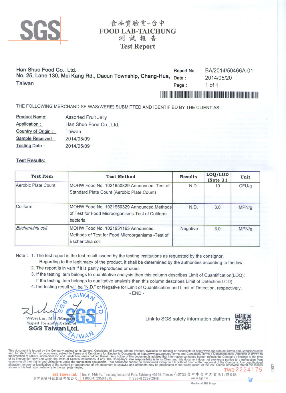 SGS Test Report Assorted Fruit Jelly