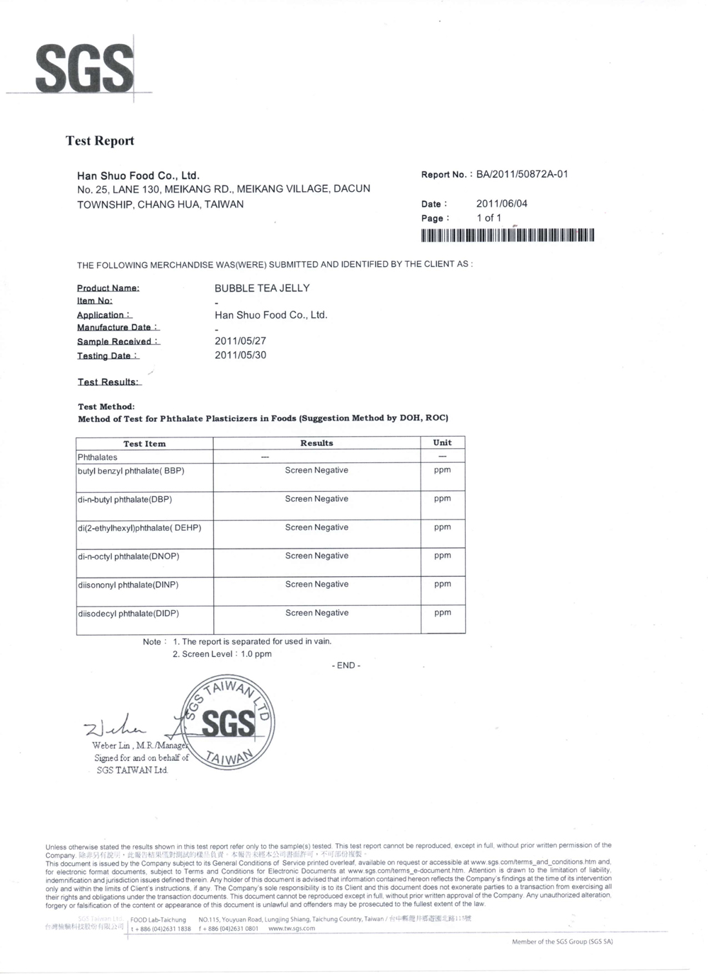 SGS Test Report - Bubble Tea Jelly