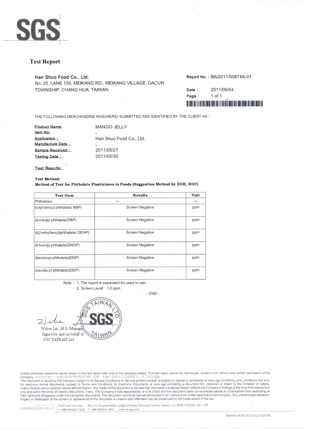 SGS Test Report - Mango Jelly
