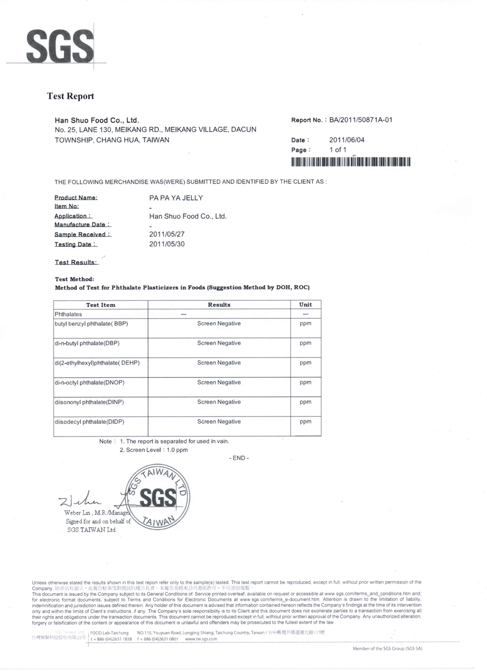 SGS Test Report - Papaya Jelly